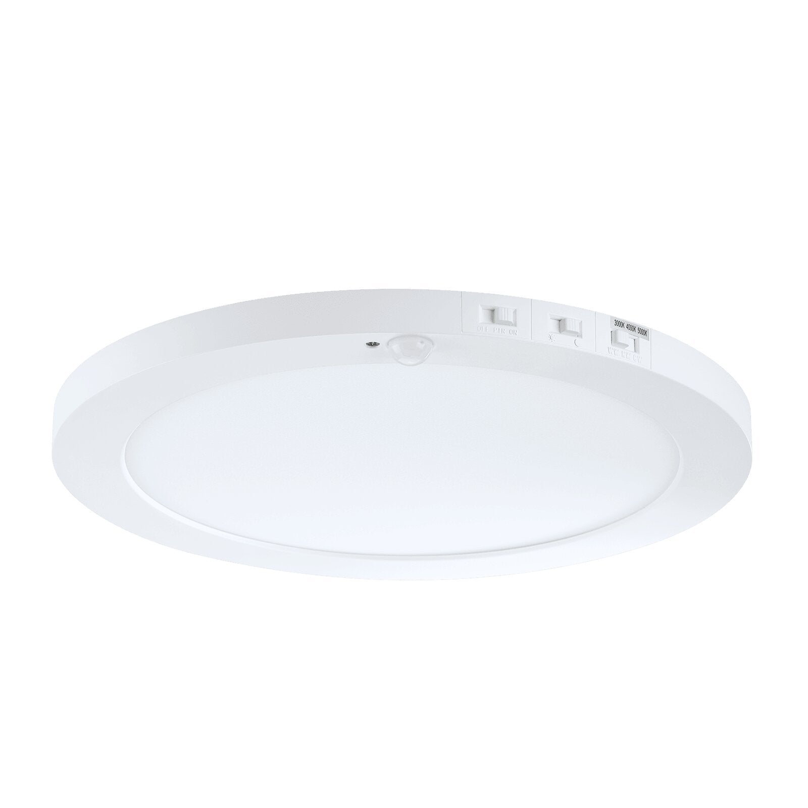 bottom view of the 12" matte white round ceiling flush mount light with 3 switches for CCT, motion sensor and dusk to dawn