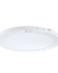 bottom view of the 12" matte white round ceiling flush mount light with 3 switches for CCT, motion sensor and dusk to dawn