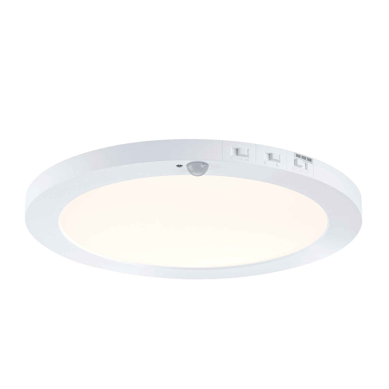 bottom view of the 12" matte white round ceiling flush mount light with light on