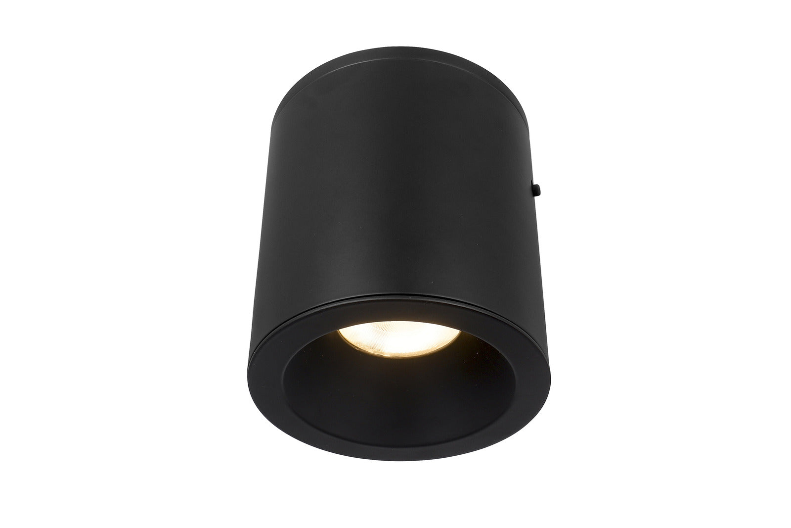 the bottom view of the 4.5" matte black cylinder LED flush mount ceiling light with light on