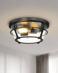 the bottom view of matte black 2-light 13" Flush Mount ceiling light with seeded glass installed on the bedroom ceiling 