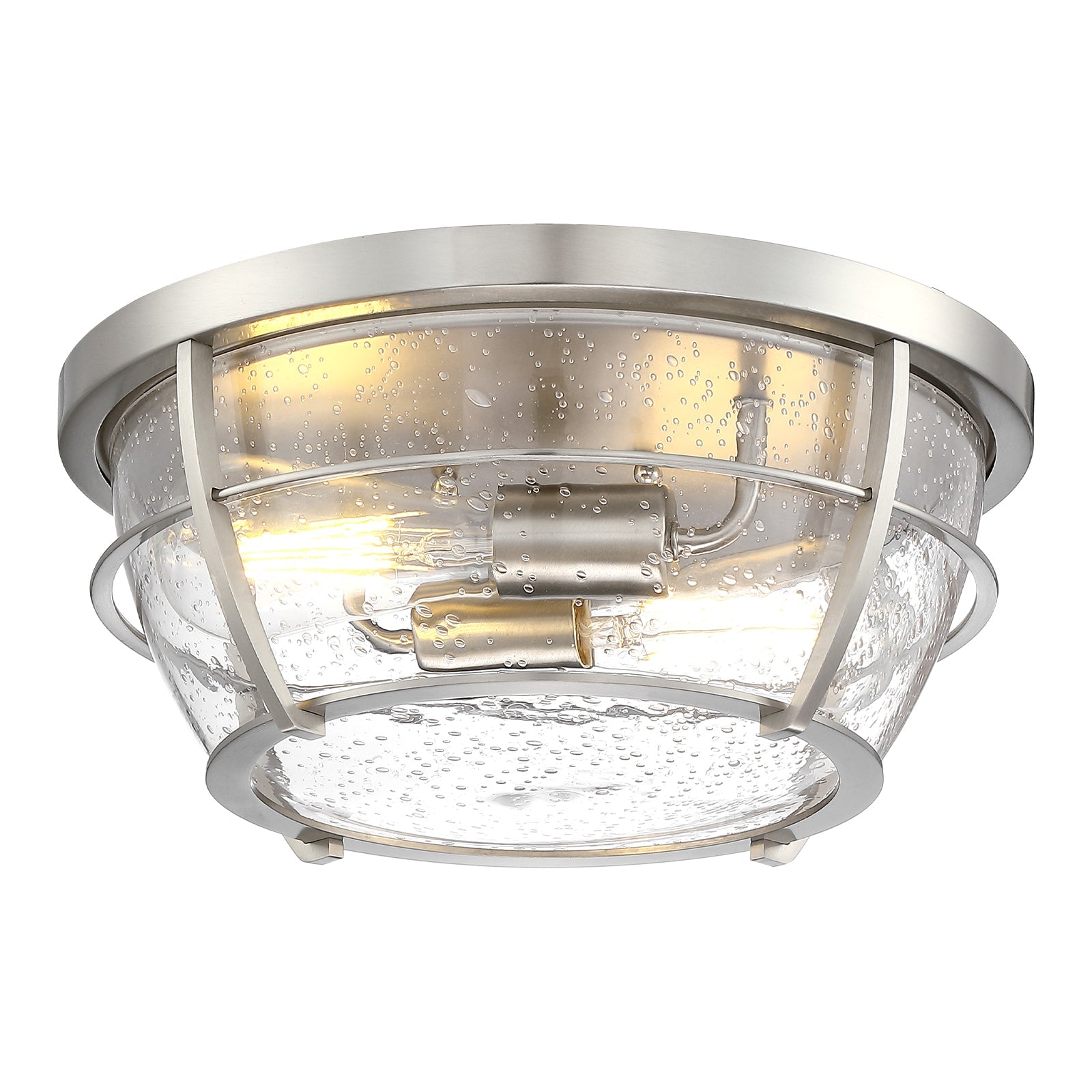 the bottom view of Brushed Nickel 2-light 13" Flush Mount ceiling light with seeded glass