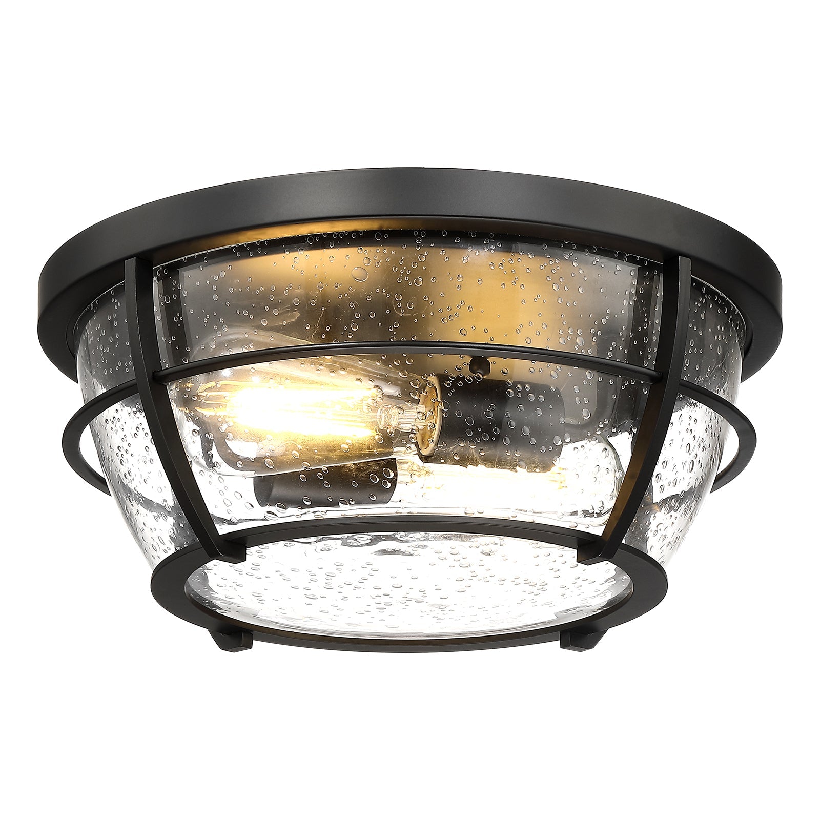 the bottom view of matte black 2-light 13" Flush Mount ceiling light with seeded glass