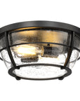 the bottom view of matte black 2-light 13" Flush Mount ceiling light with seeded glass